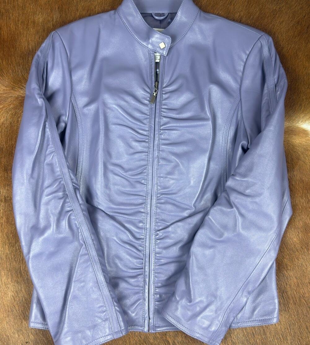 Pamela McCoy Vintage Y2K Ruched Lavender Genuine Leather Jacket Small Lilac